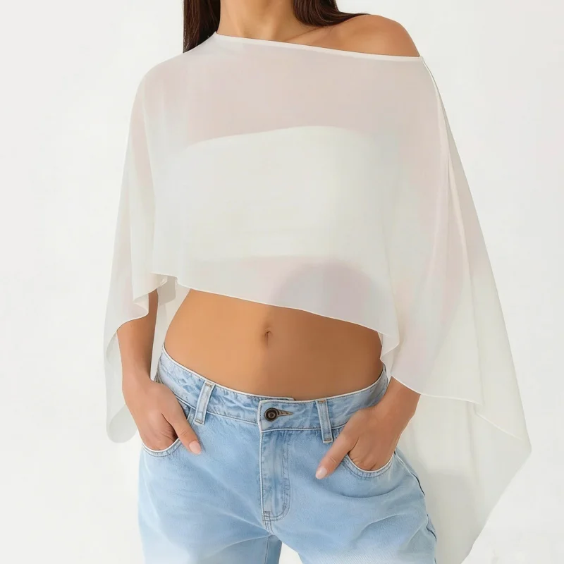 

Женский прозрачный сетчатый топ-пончо на одно плечо, асимметричная блузка-накидка, пляжный топ для вечеринок