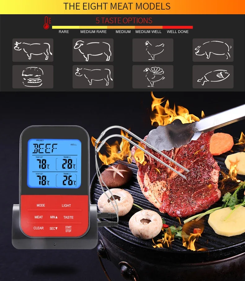 Wireless Waterproof Digital Cooking Meat Food Thermometer Kitchen Oven Food Grilling Smoker Probe BBQ Temperature Alarm Timer