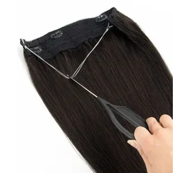 #1 Jet Black Fish Line Wire Hair Extensions Invisible Clip in Human Hair Extensions 4 Clips Real Natural Hair 12-24Inch