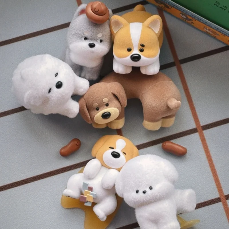 Original Flocked Dog Figurine Poopoo Pups Series Cute Abstract Designer Desktop Ornament Collection Doll Holiday Gift Toy