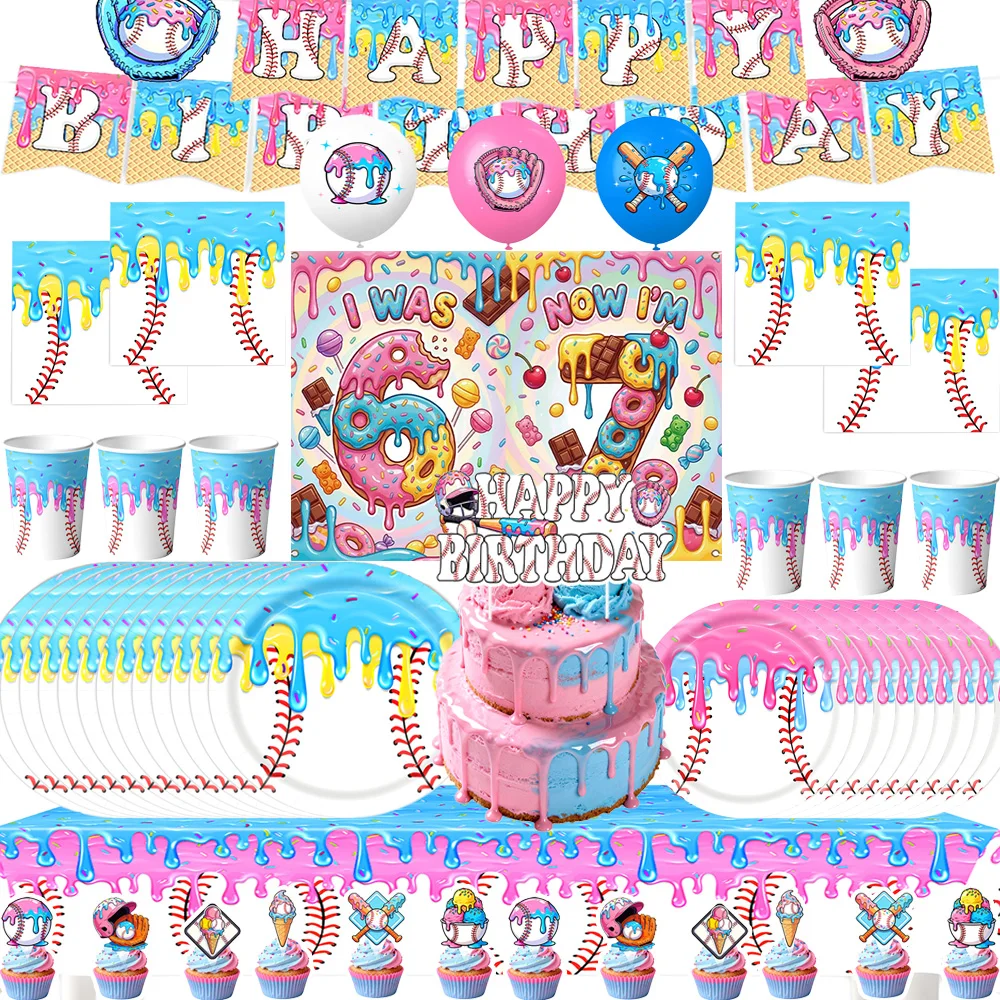 I Was 6 Now I'm 7 Baseball Donut Birthday Tableware Banner Plate Cup Napkin Tablecloth Backdrop for 6 7 Years Old Party Supplies