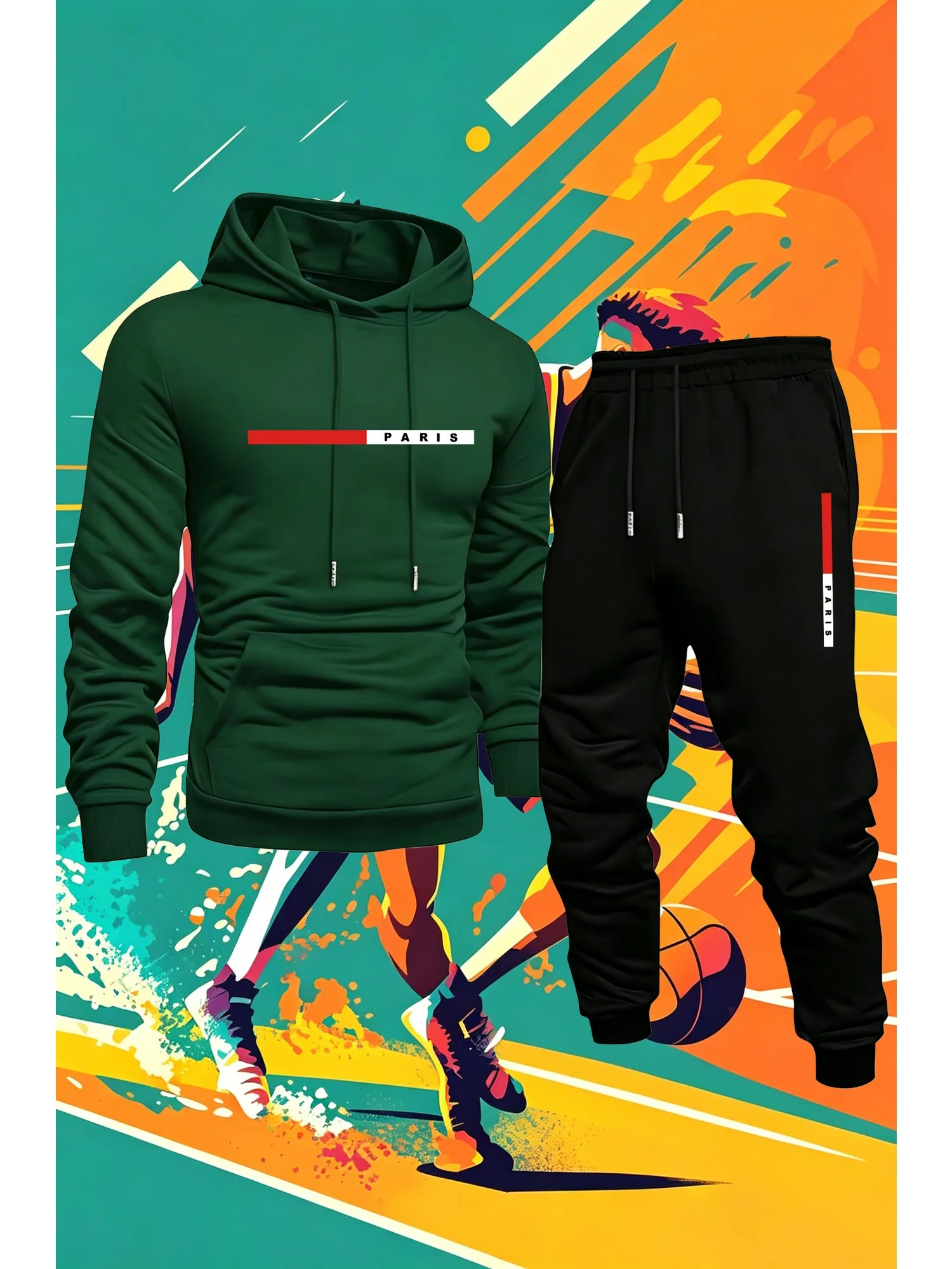 New men's hoodie and track pants set, stylish PARIS print, classic outdoor casual sportswear set, autumn/winter collection.
