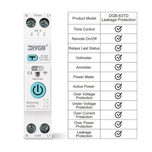 Imagen 2 del producto DGB-63TD Tuya WiFi interruptor inteligente protección contra fugas de voltaje de corriente disyuntor de medición Control remoto relé temporizador inalámbrico