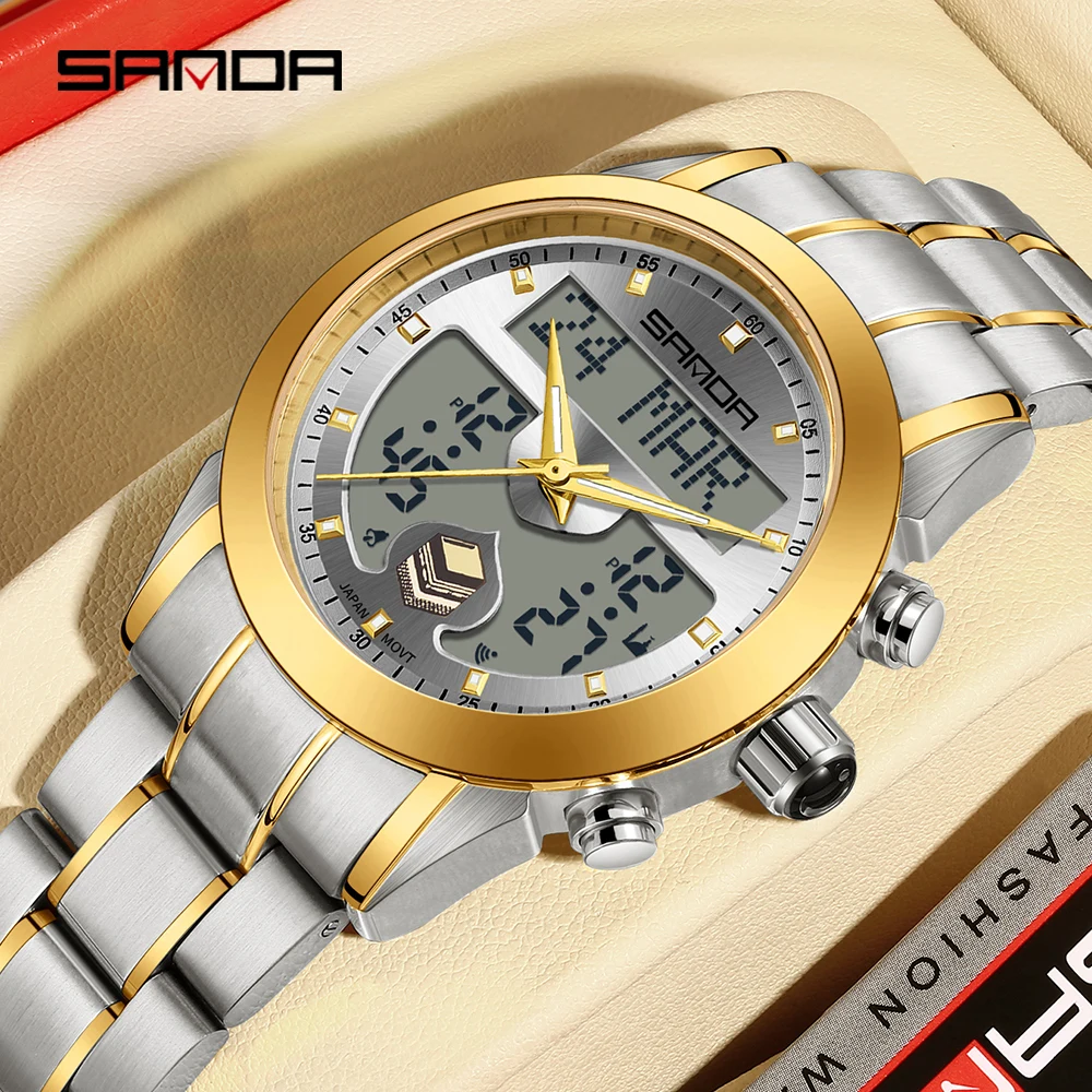 SANDA 6204 Men\'s Quartz Watch Fashionable and Elegant Arabic Tidal Indicator Fashionable Timing Steel Band Men\'s Watch