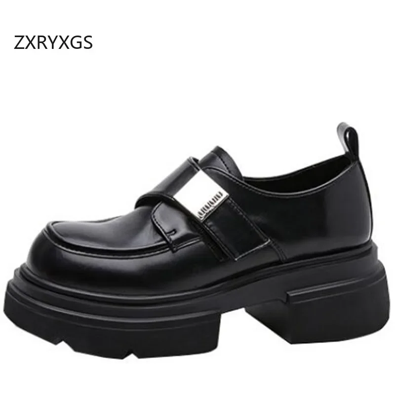 ZXRYXGS Black Cowhide Patent Leathe Shoes High Heels 2024 British Style Thick Sole Height Increasing Shoes Woman Single Shoes