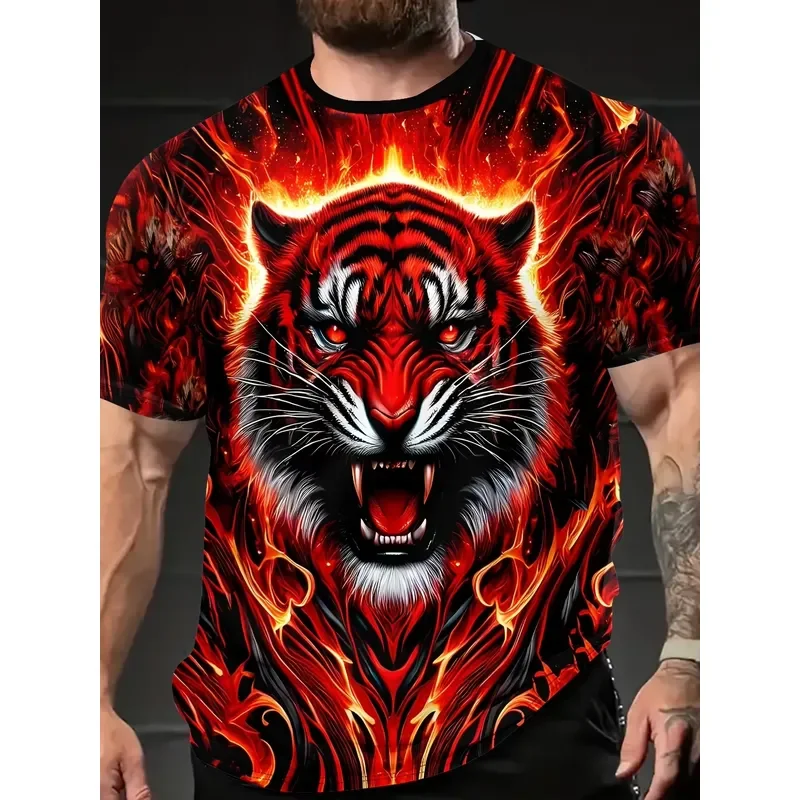 

2026 Men's 3D Tiger Print Short Sleeve Crew Neck T-Shirt Breathable Stretch Casual Fashion Top for Outdoor Activities Party