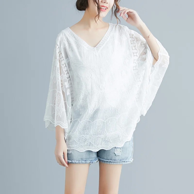 Embroidery Lace White Shirt Woman Summer 2024 Flare Sleeve Elegant Blouse Women Blusas Casual O-neck Tops Female Clothing 25897