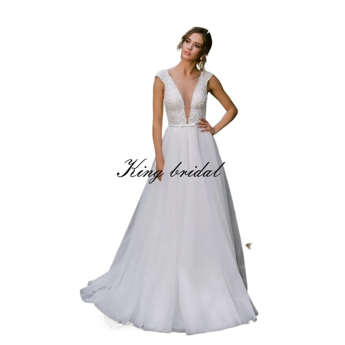 Embroidered Tulle Wedding Gown A Line Backless Wedding Dress Open Back Gown Custom Lace simple a line dress Bridal Gowns Gown