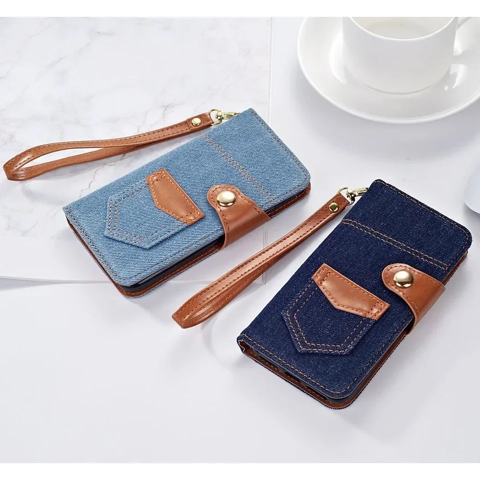 Denim Contrasting Leather Strap Phone Case for iPhone 16 Pro Max 15 14 13 12 11 XR Xs Max X 7 8 Plus Card Slot Stand Flip Cover, image 2