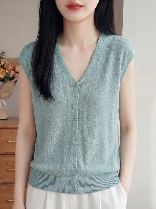 

High-End Silk Open Cardigan Women's Vest Top Sleeveless Knitted Super Thin Lazy Style Layering Shoulder Pad Coat Summer