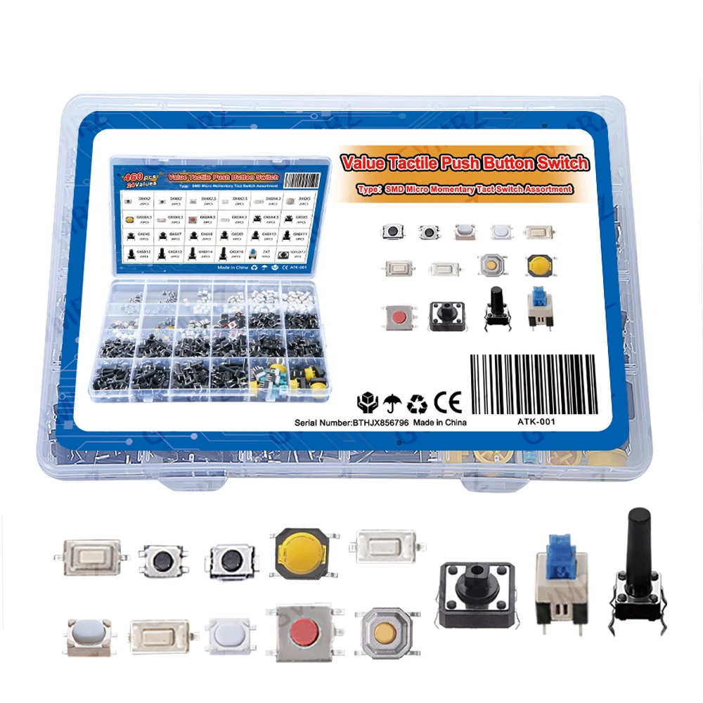 460PCS 24 Values Tactile Push Button Switch SMD Micro Momentary Tact Switch Assortment Kit for Car Remote Control with Box 3X4X2
