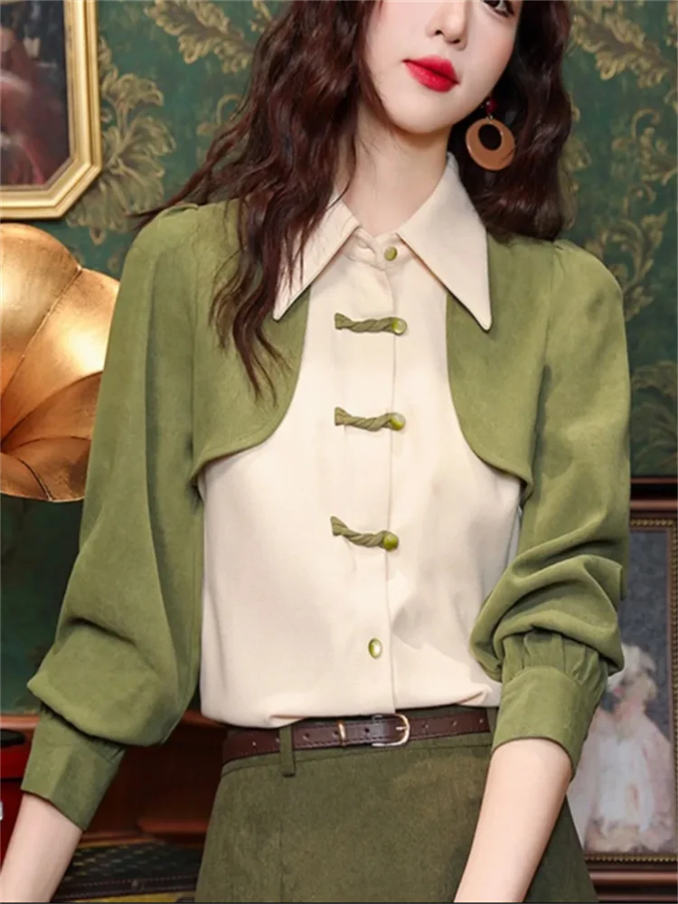 Retro เสื้อผู้หญิงเสื้อจีน Vintage Dial Buckle เสื้อจุดคอเสื้อสเวตเตอร์ถักเสื้อผ้าผู้หญิงเสื้อ Splice Blous