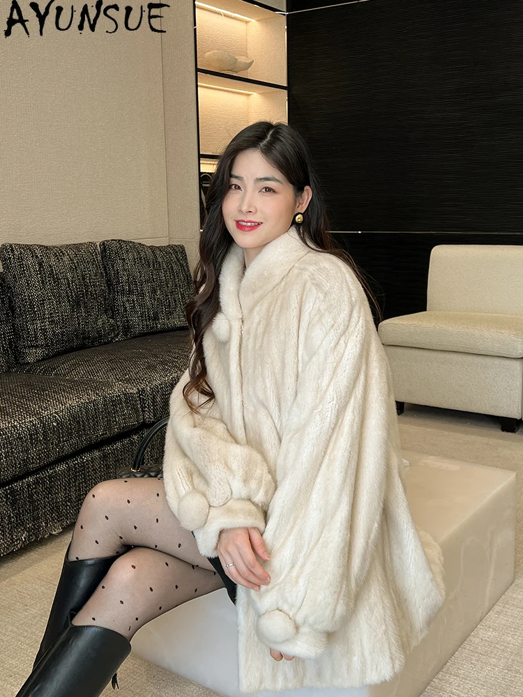 AYUNSUE Natural Mink Fur Coat Woman 2025 Winter Mid Length Elegant Real Fur Jackets for Woman Clothing High Quality Шуба Женская