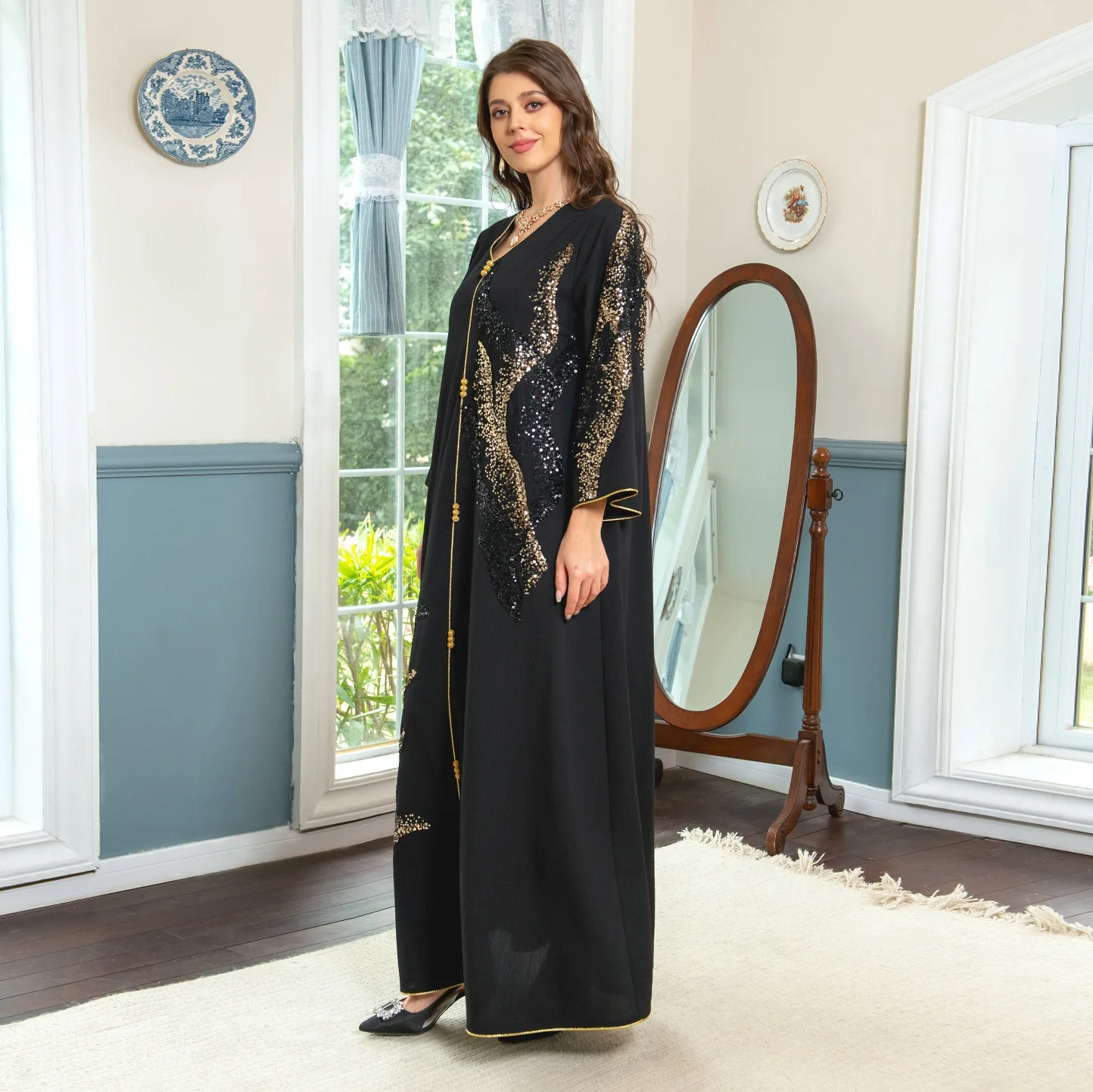 Abaya For Women Dubai 2023 Floral Embroidery Luxury Sequined Casual Loose Dress Elegant Prom Dresses Female Clothing