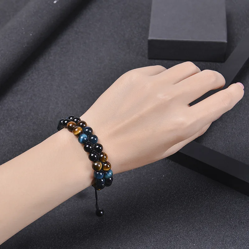 8MM Natural Tiger Eye Stone Adjustable Bracelet Double Layer Hand Woven Row Strand Beaded Bangles Couple Party Jewelry