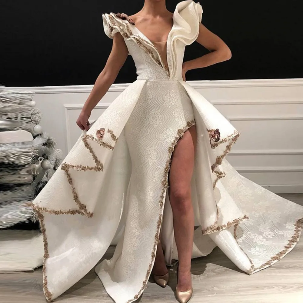 Robe De soirée De luxe en dentelle blanche, tenue De bal plissée et perlée, avec paillettes et fente haute, 2022