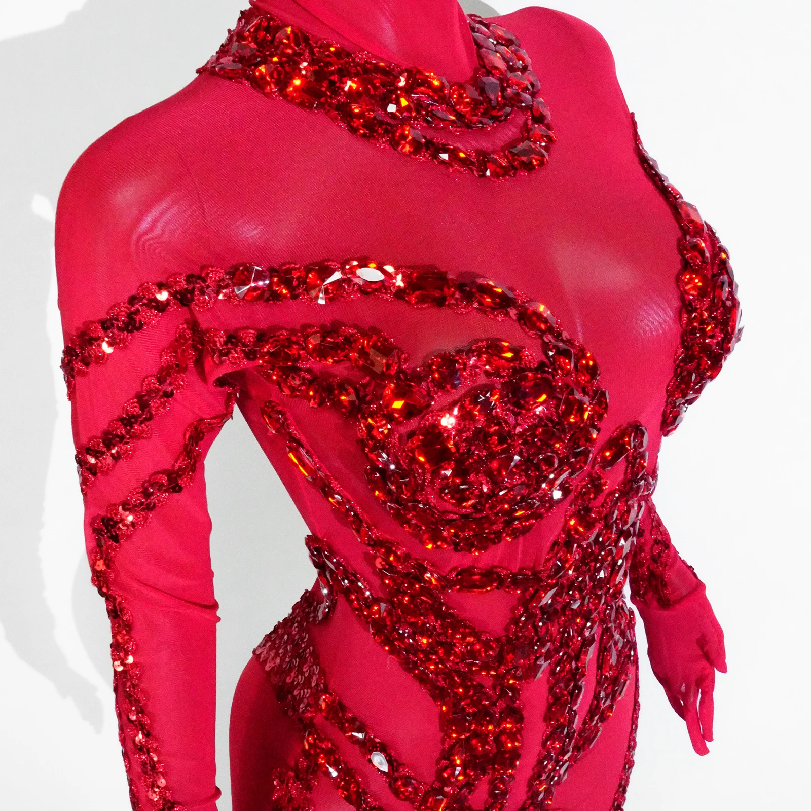 Kostium Showgirl Prześwitujący Brokatowy Czerwony Kombinezon z Cyrkoniami Cekiny Strój Sceniczny Klubowy na Występ Taneczny Imprezę Gogo Drag