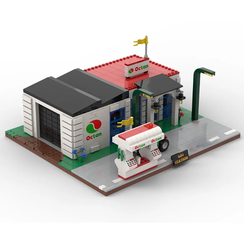 Cidade rua vista modelo moc blocos de construção modular posto de gasolina modelo tecnologia tijolos diy conjunto montagem presente brinquedo do feriado