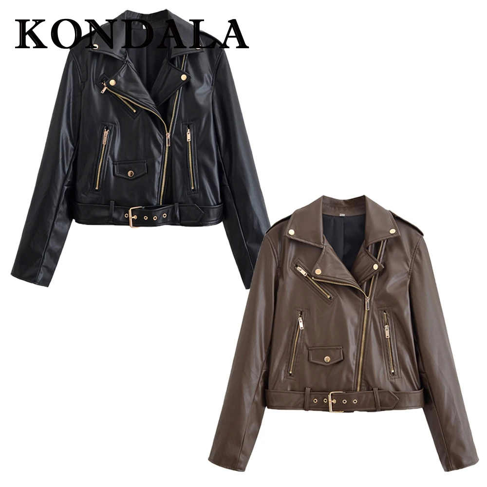 

KONDALA шикарная черная повседневная женская куртка из искусственной кожи, модная осенняя куртка 2025 года с карманами на молнии, прямая уличная одежда с поясом, винтажные женские куртки