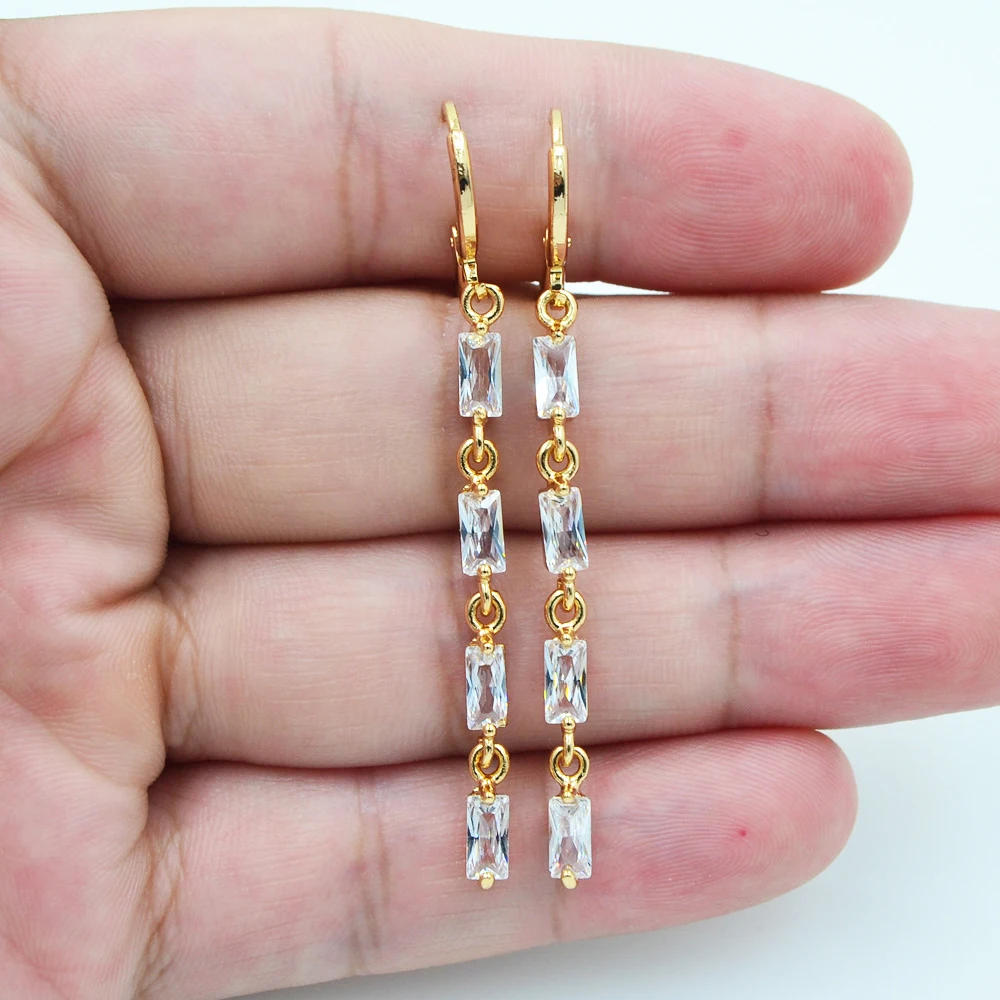 Gold Color Women Rainbow Zircon CZ Slim Linear Dangle Earrings Jewelry