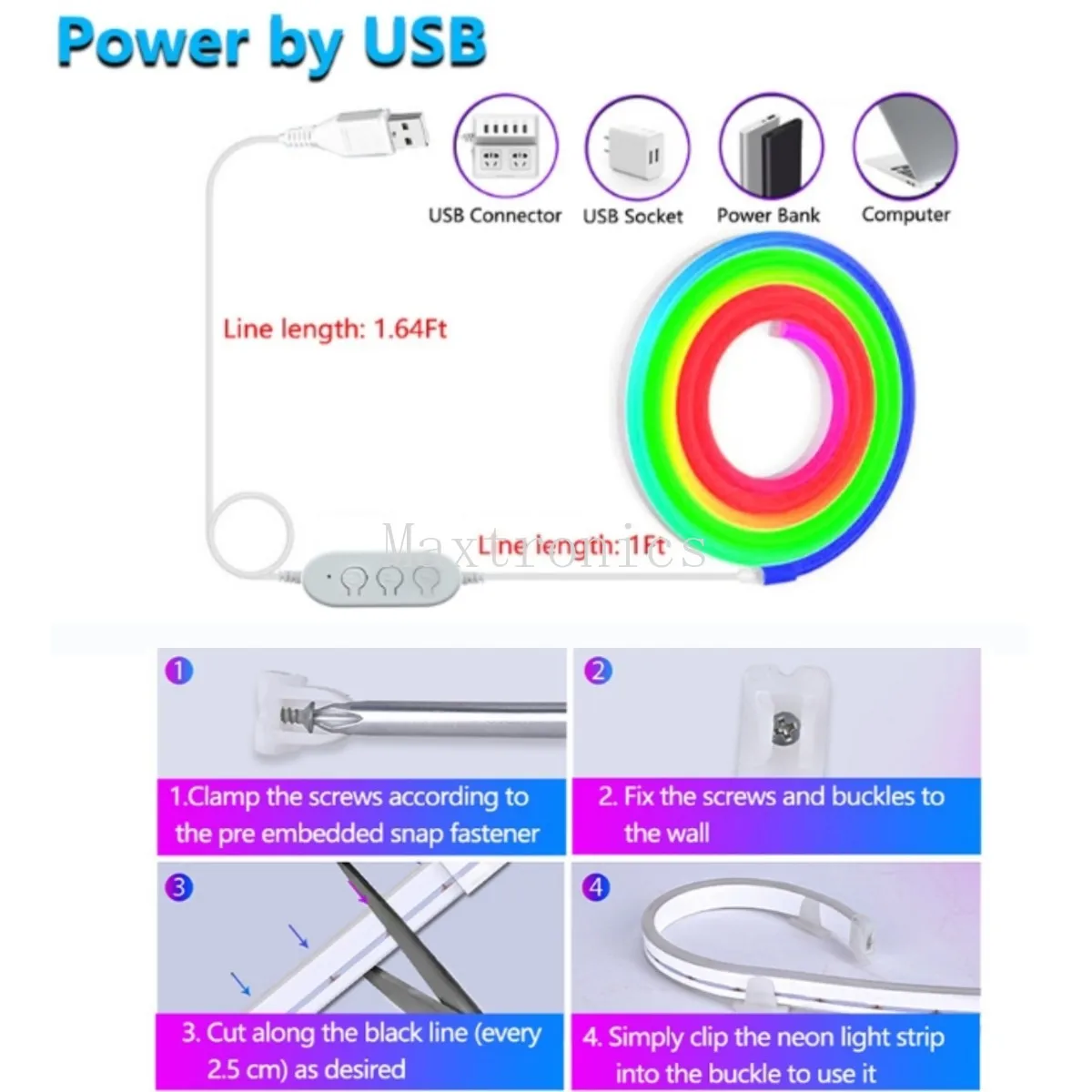 1M-3M DC5V RGBIC Neon LED Strip Light Bluetooth APP Control USB Plug IP67 Neon Sign Tape For Room Wall Decor 60LED/M Fairy Light
