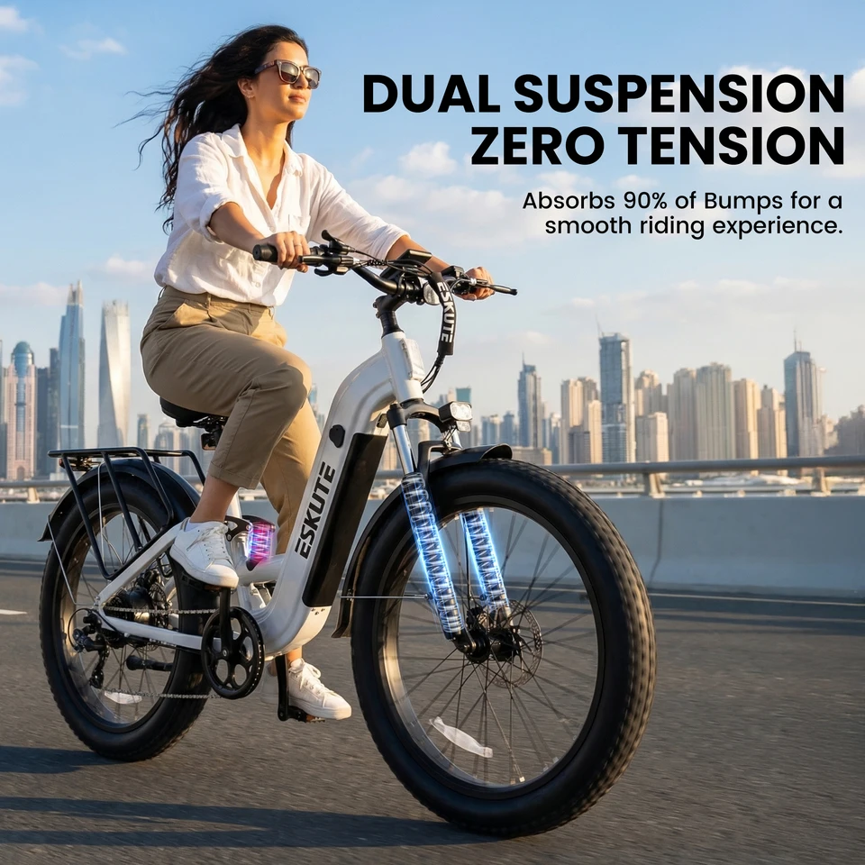 ESKUTE C300R-ST - Full Suspensions -  Electric Bike for Adults ，48V20.8Ah Battery Ebike up to 80 Miles, 26x4.0 Fat Tire Step-Through Ebike, 8-Speed, UL2849 E-Bike image 9