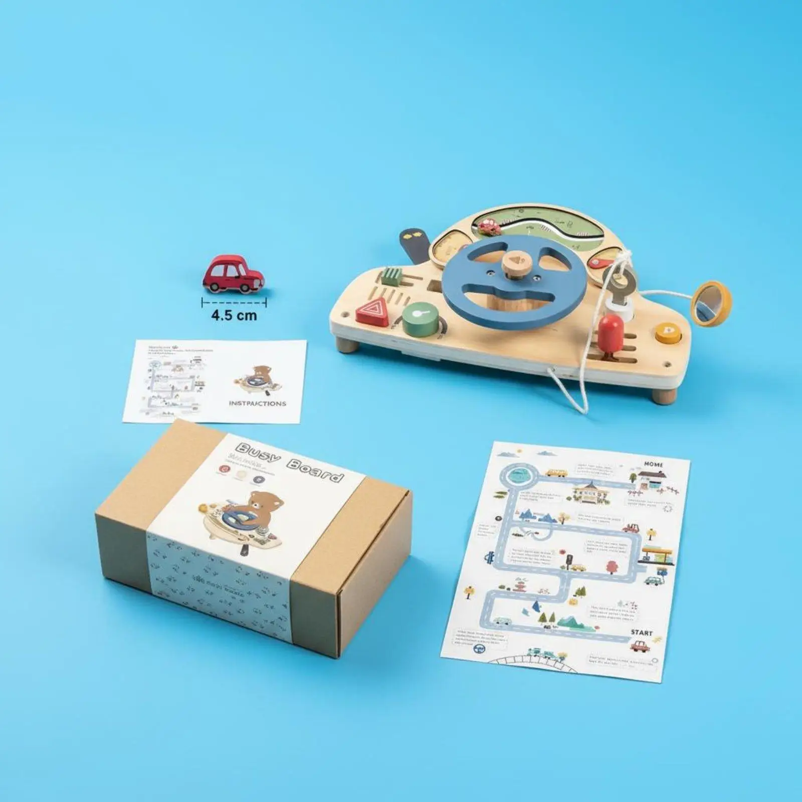 Steering Wheel Busy Board Educational Wooden Car Dashboard Toy