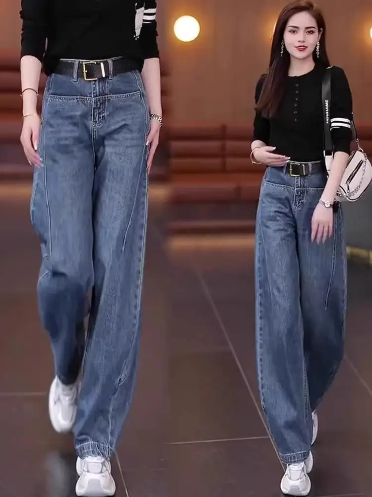 

Женские джинсы с высокой талией, на флисовой подкладке, утепленные, свободного кроя, стройнящие, струящиеся, длинные брюки в винтажном стиле