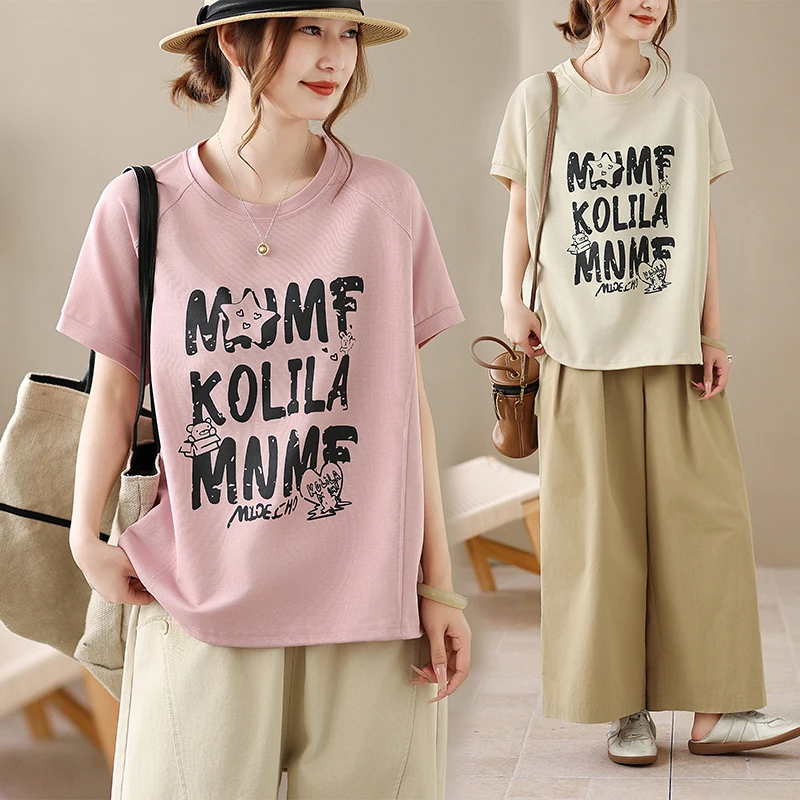 

Summer New Casual Short Sleeve Letter Print T-Shirt Women's Batwing Sleeve Loose Fit Cotton Top Korean Style Big Size