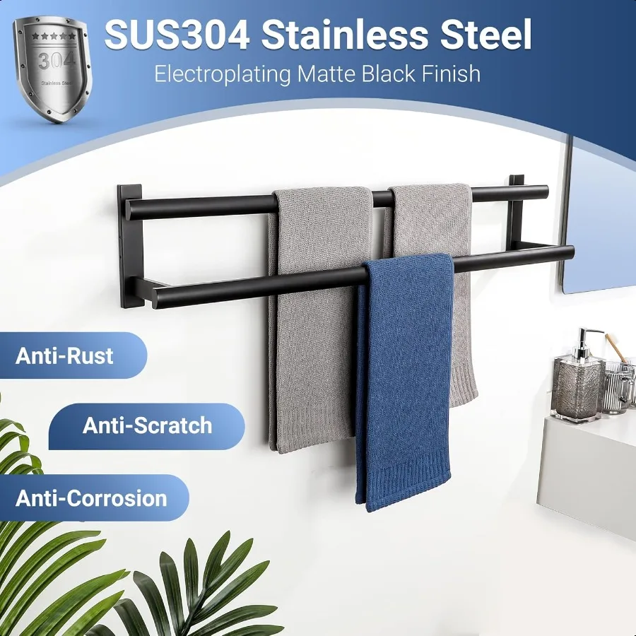 شريط منشفة مزدوج للحمام 31.5 بوصة ماتي الأسود منشفة استحمام رف منشفة حامل الحائط SUS304 الفولاذ المقاوم للصدأ #4