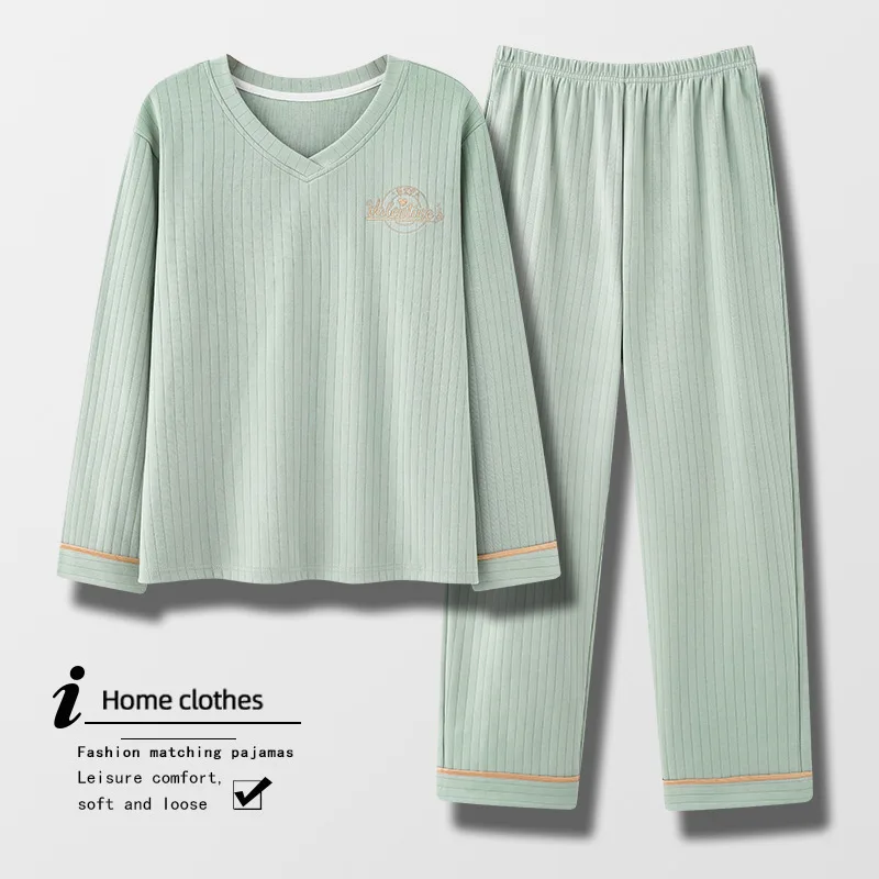 Conjuntos De Pijama Large Size Cotton Long Sleeve Women's Pajamas Set V Neck Top Trousers Sets Home Wear Sleepwear Clothes 4XL image 2