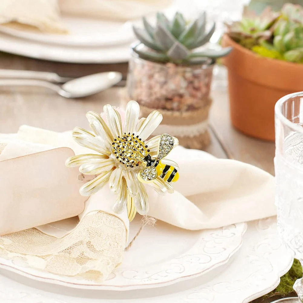 AT05-Set Of 12 Daisy Sunflower Napkin Rings, Gold Bee Napkin Ring Holders For Formal Or Casual Dinning Table Decor