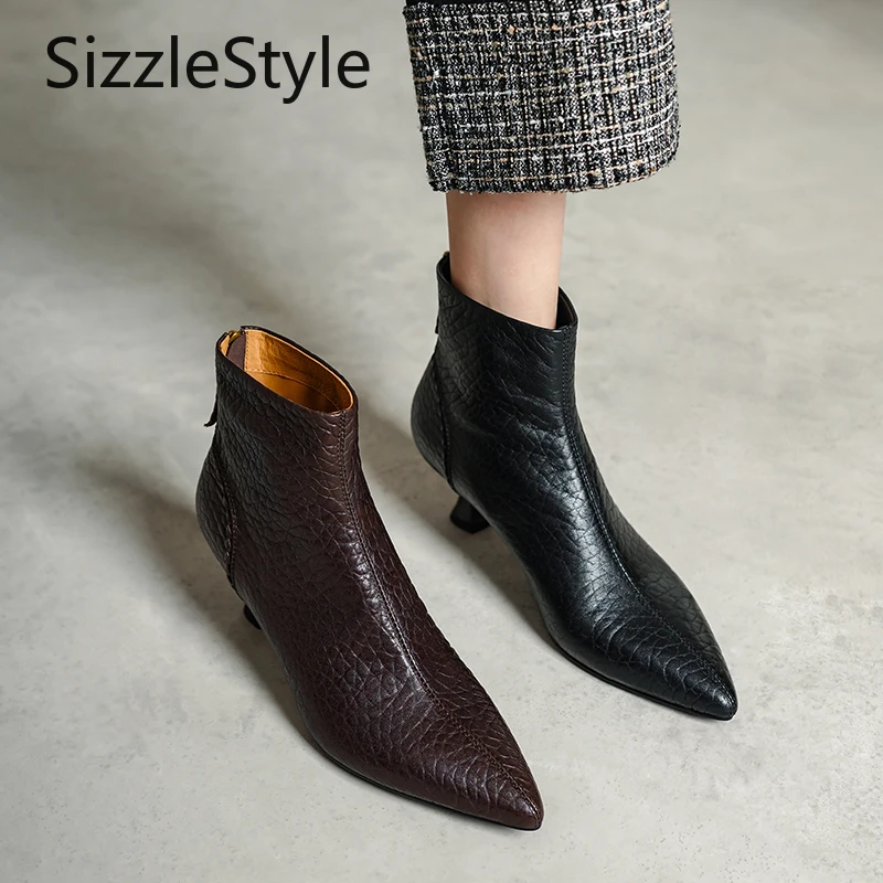 

Fashionable Genuine Leather Simple Contrast Stitching Elephant Pattern First Layer Cowhide Wine Glass Heel Women's Short Boots