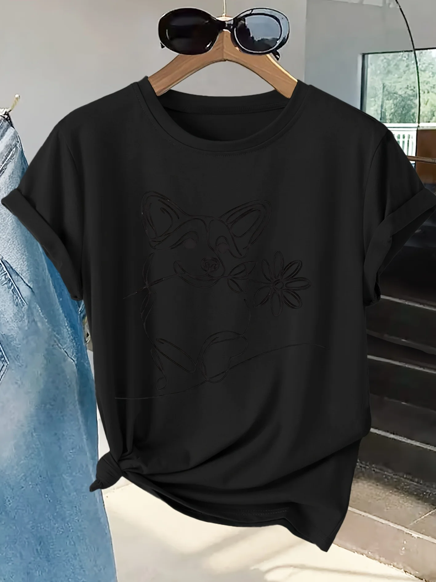 Women's T-shirt Corgi Line Funny Print Round Neck Breathable Summer Casual Party Date Holiday Travel Party Gift