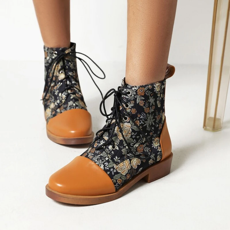 

ORCHALISA Ботильоны 3 см на массивном каблуке с ремешками и принтом, круглый носок, большой размер 43, US11, вечерние женские бота, желтые