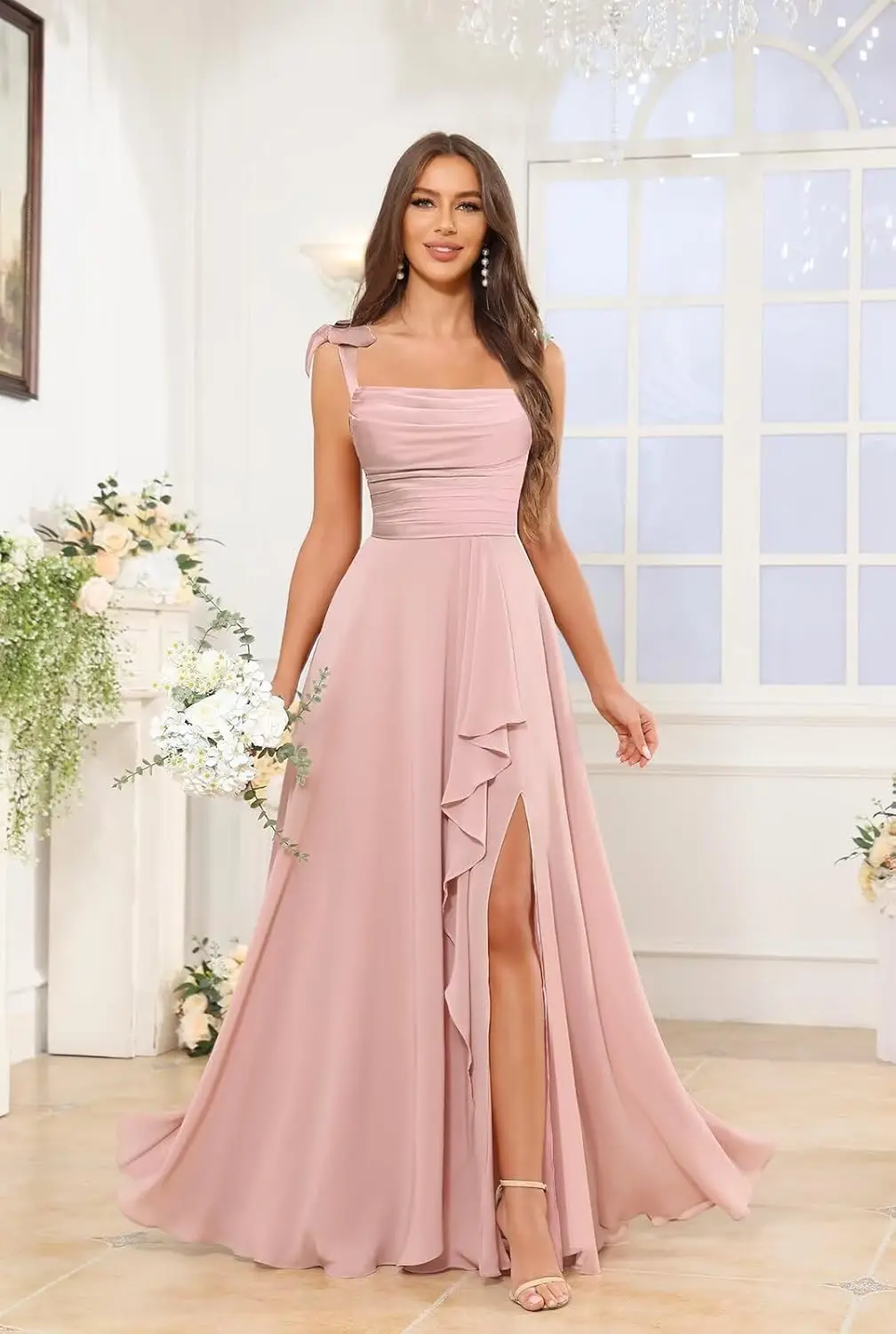 Vestido de dama de honor con borde de hoja de loto, tirantes finos para el hombro, gasa plisada, largo, Formal, para fiesta, banquete, elegante vestido de baile
