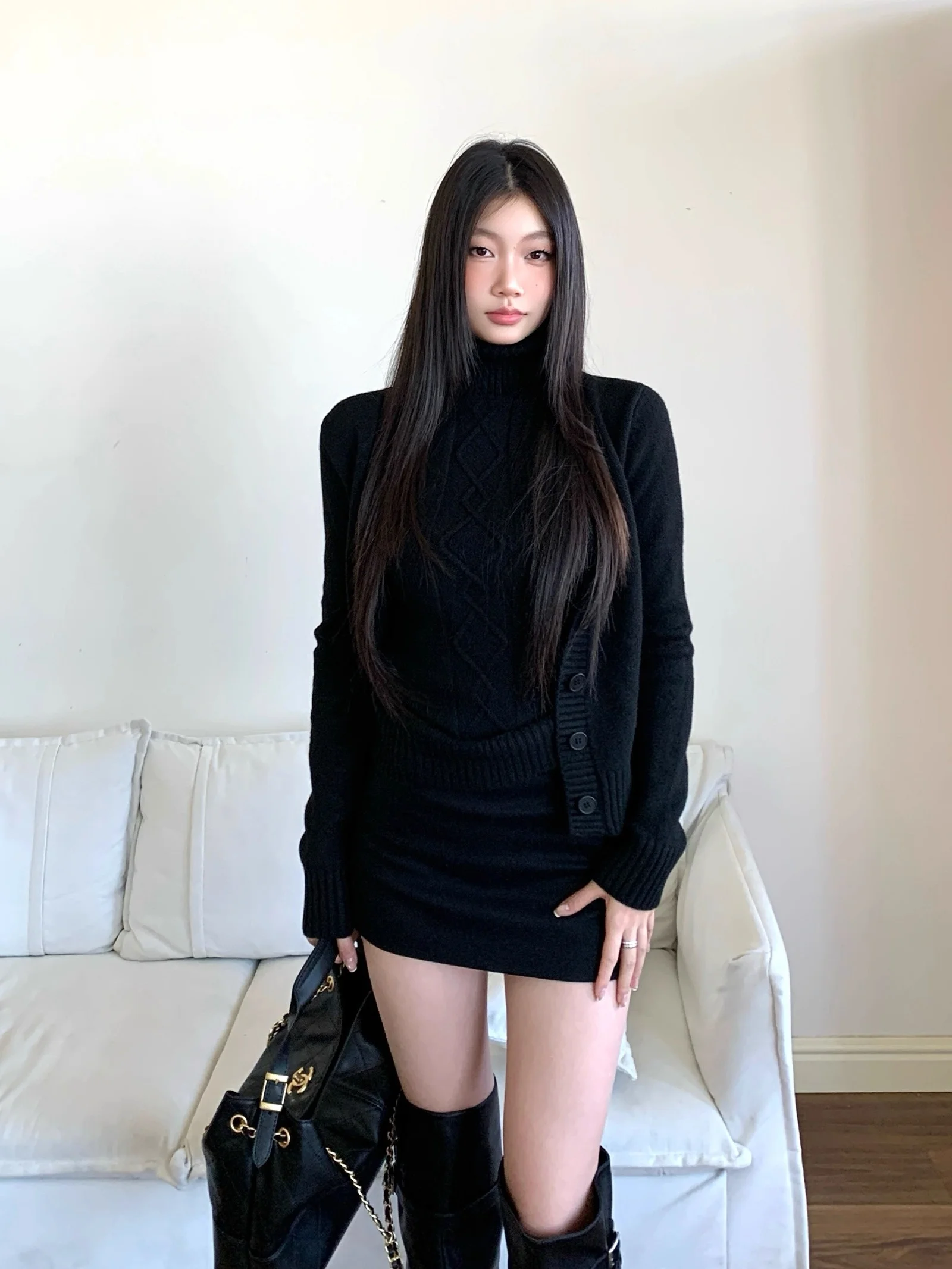 

Женский свободный вязаный кардиган и свитер-двойка: повседневный комплект для осени и зимы, модный, стройнящий топ с высоким воротником и длинными рукавами