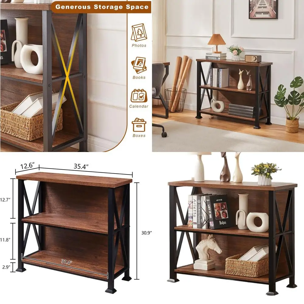 

Compact 3-Tier Industrial Bookshelf with Rustic Brown Finish, Engineered Wood Shelves, and Metal Frame for Home and Office Space