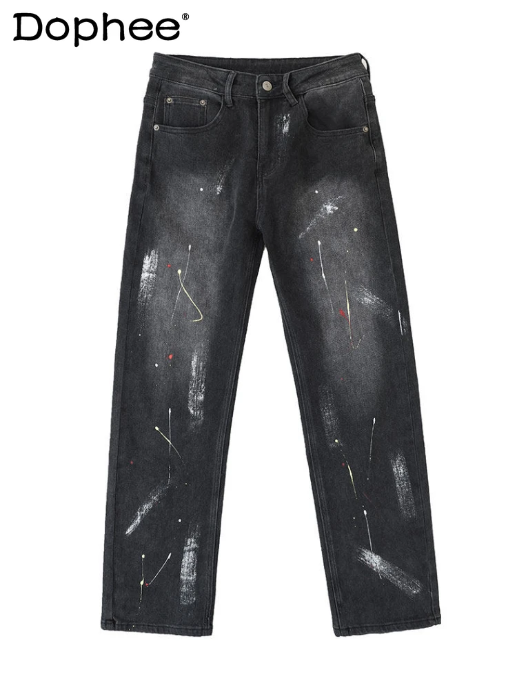

Fashion High Street Ink Splashing Design Jeans Men's 2026 Spring New Trendy Straight Denim Pants Loose Comfort Denim Trousers
