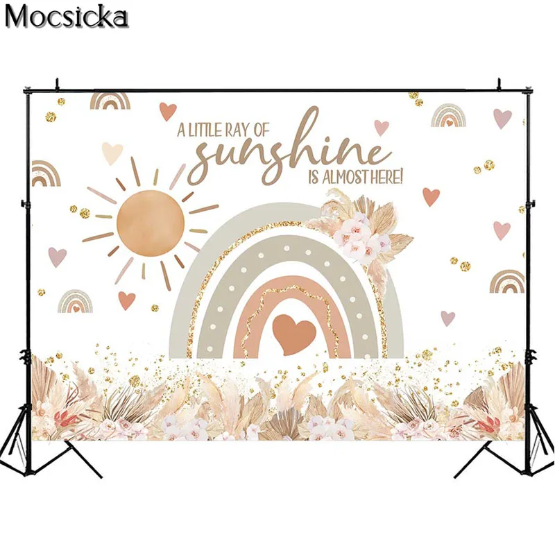 A Little Ray Of Sunshine Is Almost Here Bohemia Rainbow Pampas Grass Decor Backdrops Newborn 1st Birthday Party Photo Background