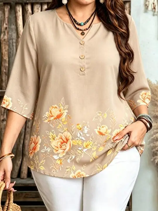Women Boho Hem & Cuff Placement Floral Print Blouse For Curvy Figures Notched Neck 3/4 Sleeve Loose Vintage Daily Tops