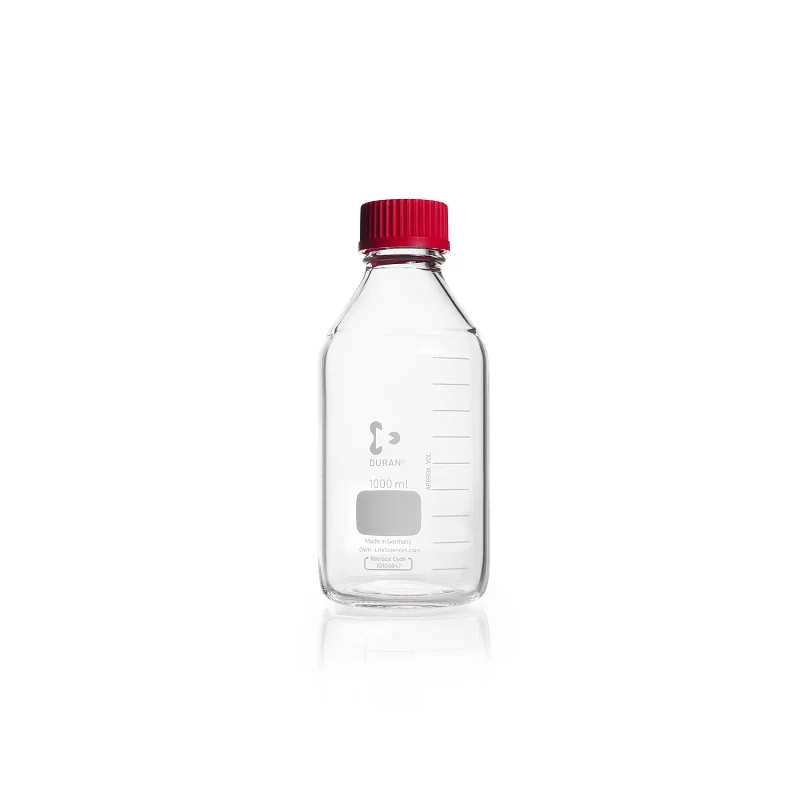 DURAN Original GL 45 Laboratory Bottle, clear, with high temperature resistant screw cap (PBT, red) and pouring ring (ETFE, red)