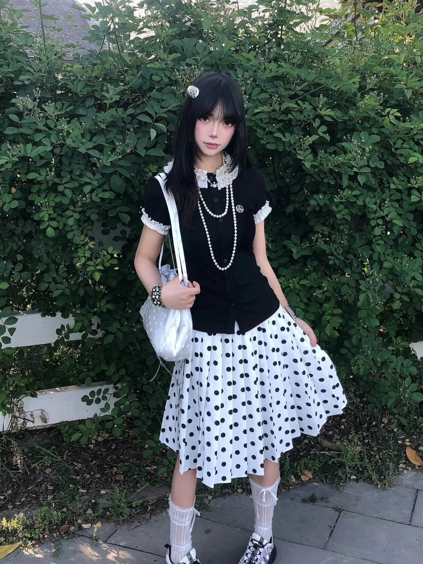

Summer Beautiful Sweet Short Sleeve T-Shirt And Polka Dot Half Skirt Unique Korean Style Floral Lace Two Piece Set for Women