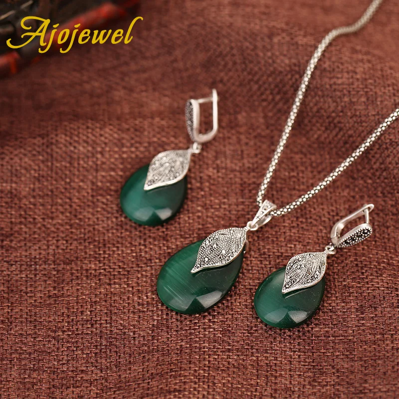 Ajojewel Black Rhinestone Leaf Designer Earring Ring Necklace Set Jewelry With Green Opal Stone Vintage Style Item Supplier