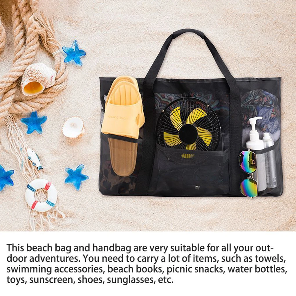 7Pockets Summer Large Beach Bag For Towels Mesh Durable Beach Bag For Toys Waterproof Underwear Pocket Beach Tote Bag