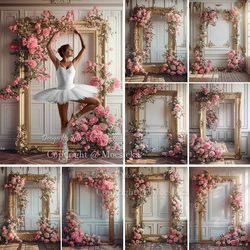 Photography Studio Background for Girl Mom Fine Art Portrait Golden Photo Frame White Wall Flowers Backdrop Newborn Photobooth