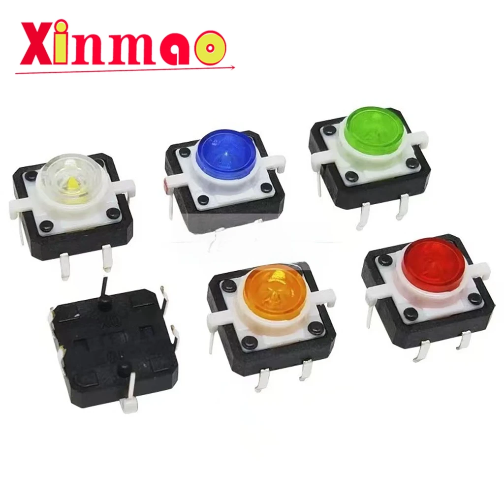 5PCS 12 * 12 * 7.3MM LED button with red, yellow, blue, green, white high brightness, 4-pin reset button, micro switch