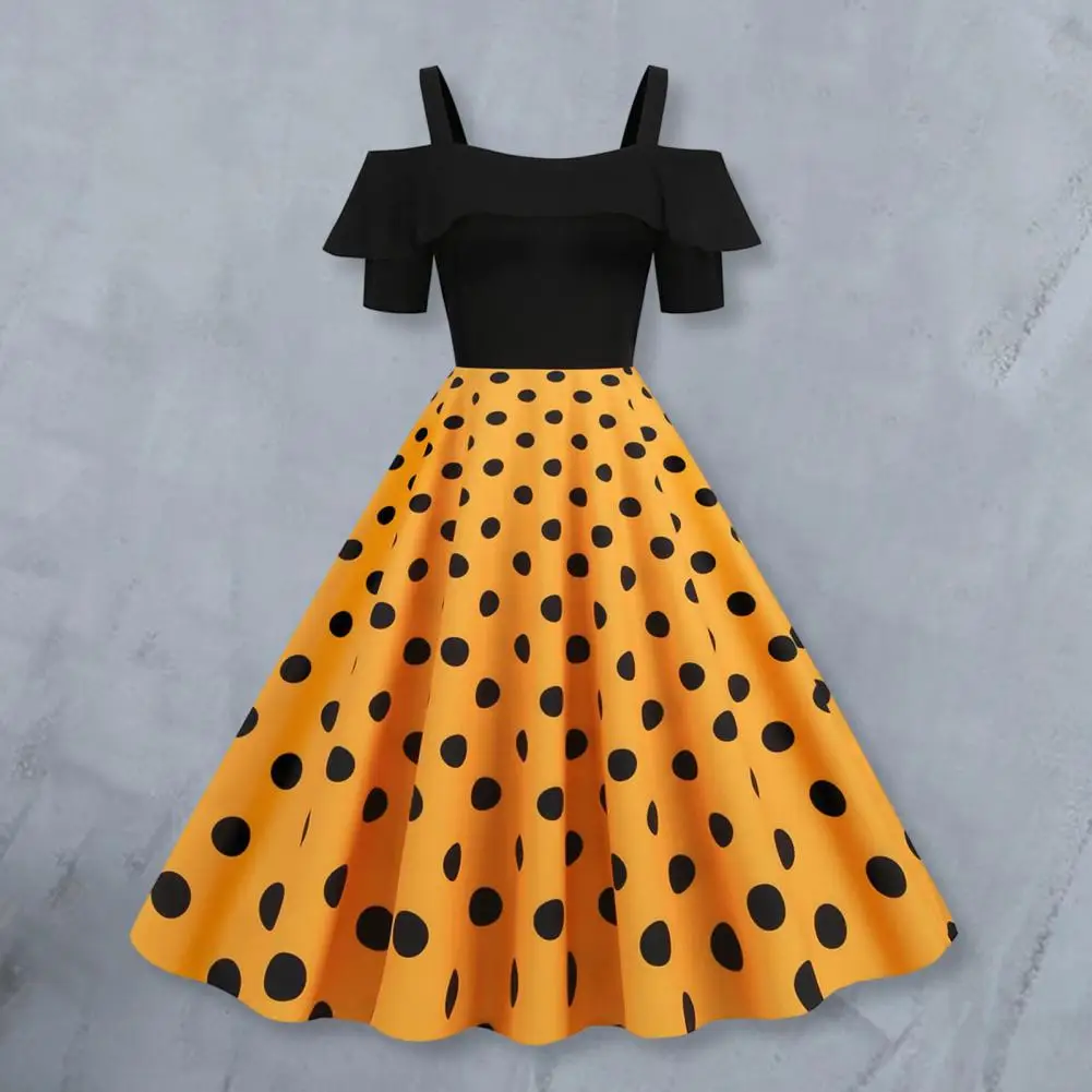 Printed A-line Dress Chic Retro Off-shoulder Midi Dress with Ruffles Dot Print Elegant Vintage Spaghetti Strap Party for Women