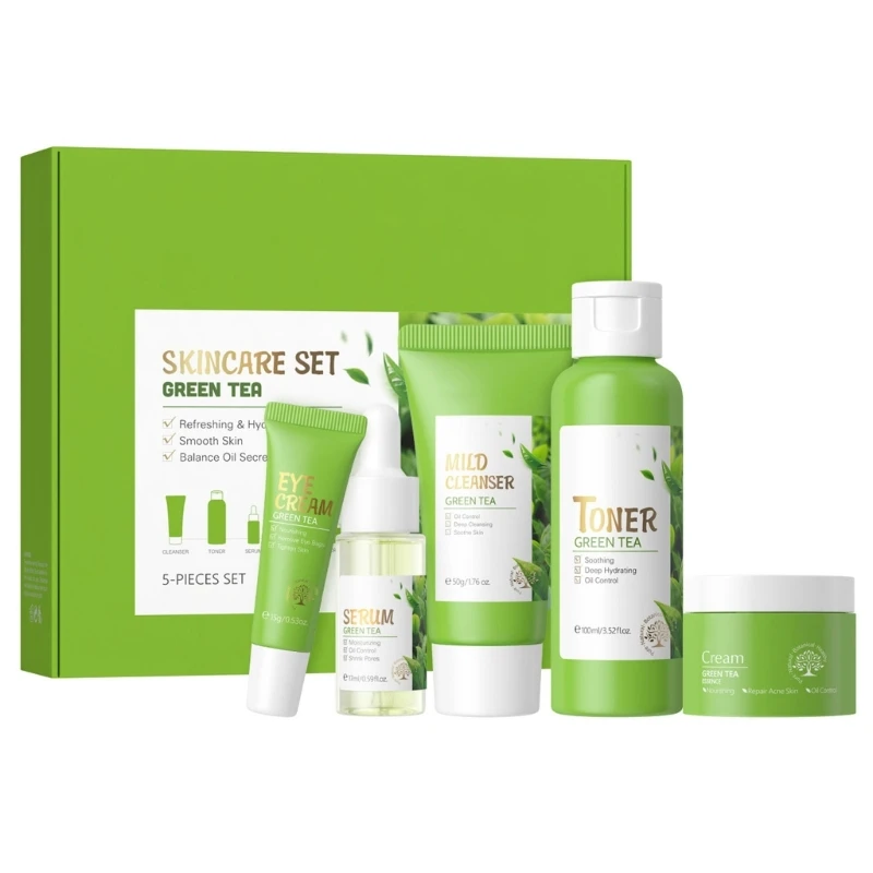 

5 Pcs Green Teas Skincare Set with Cleanser Toner Serums Eyecream Essences Cream