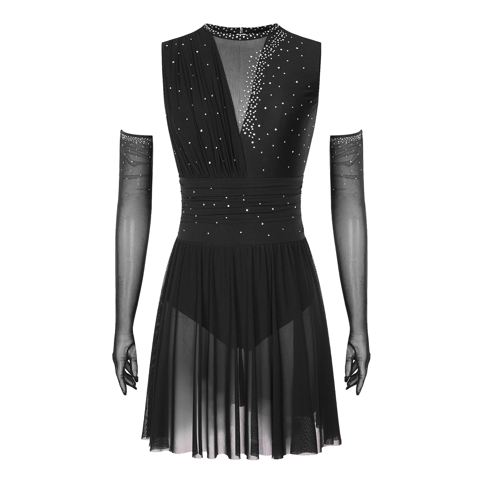 

Women Skating Leotard Dress Modern Ballet Set Dancewear Sleeveless Sparkly Rhinestones Back Hollow Out Dress with Gloves Costume